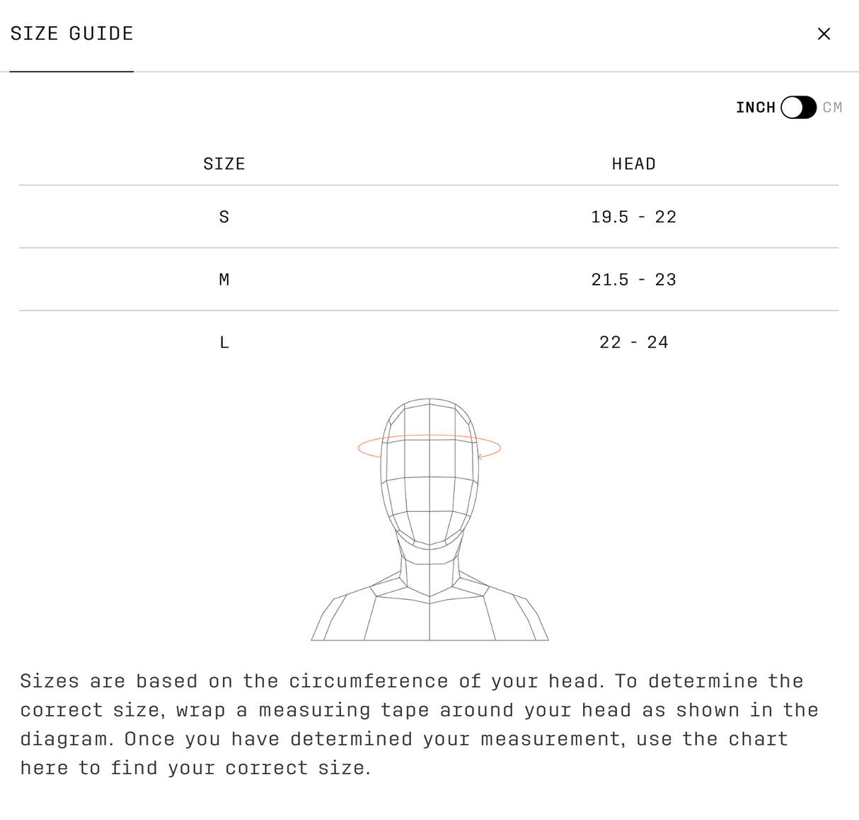 Size guide for head circumference with measurements in inches for the POC procen air aero road cycling helmet