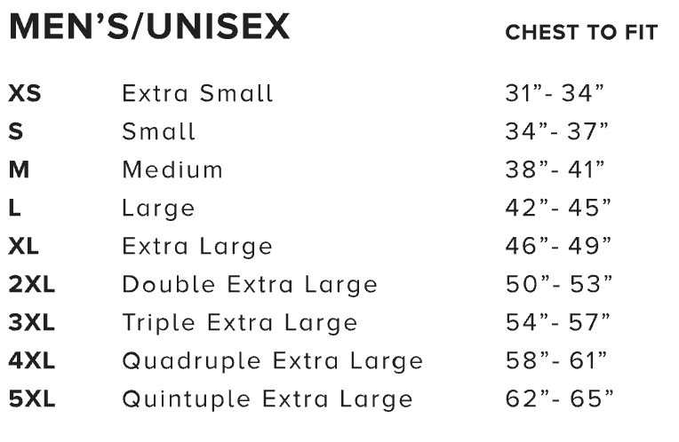 Size chart for the team hurricanes x mack cycle men's/unisex bella canvas Tee with chest measurements.