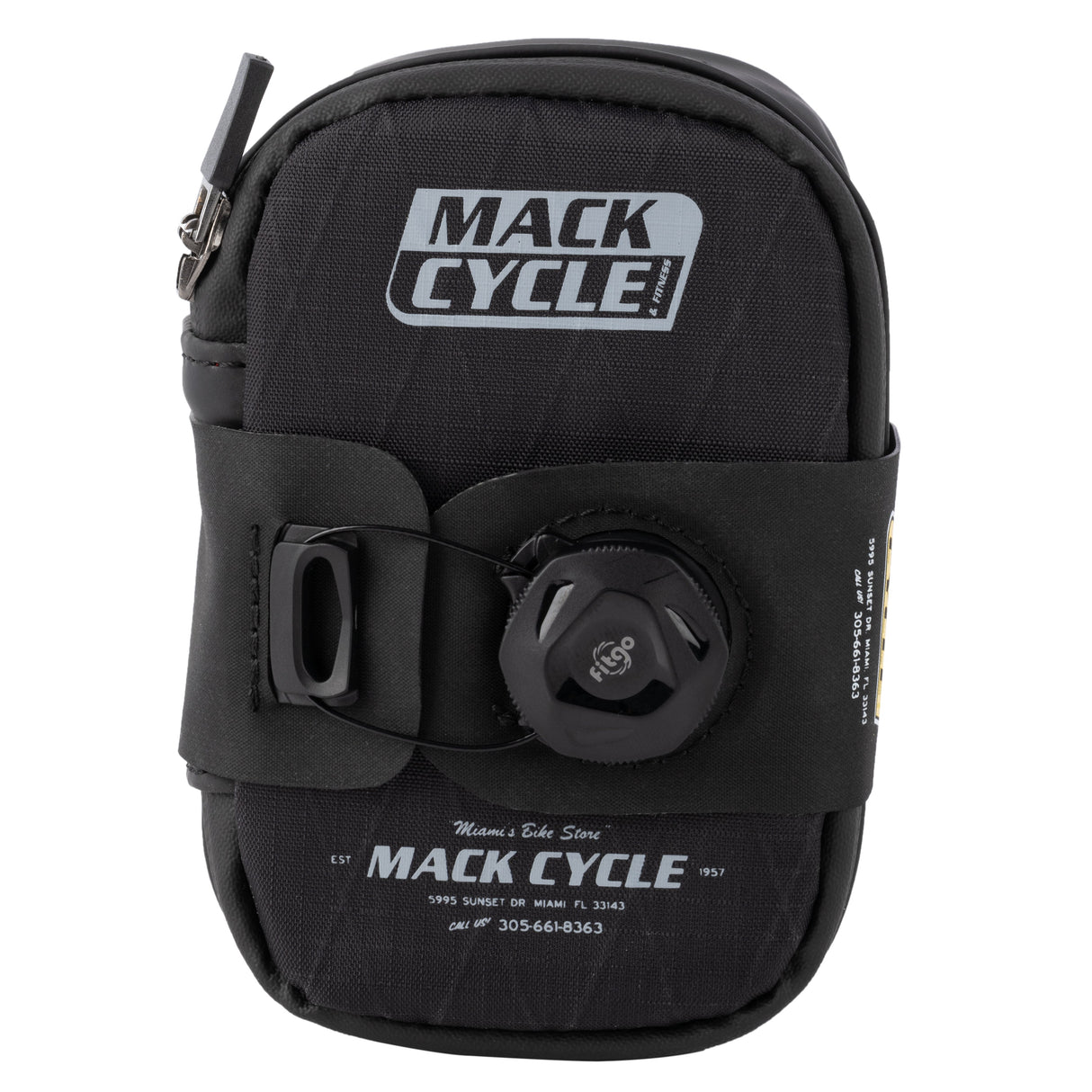 Front view of Mack Cycle Seat Pack showing Mack Cycle logo and Fidlock precision dial closure