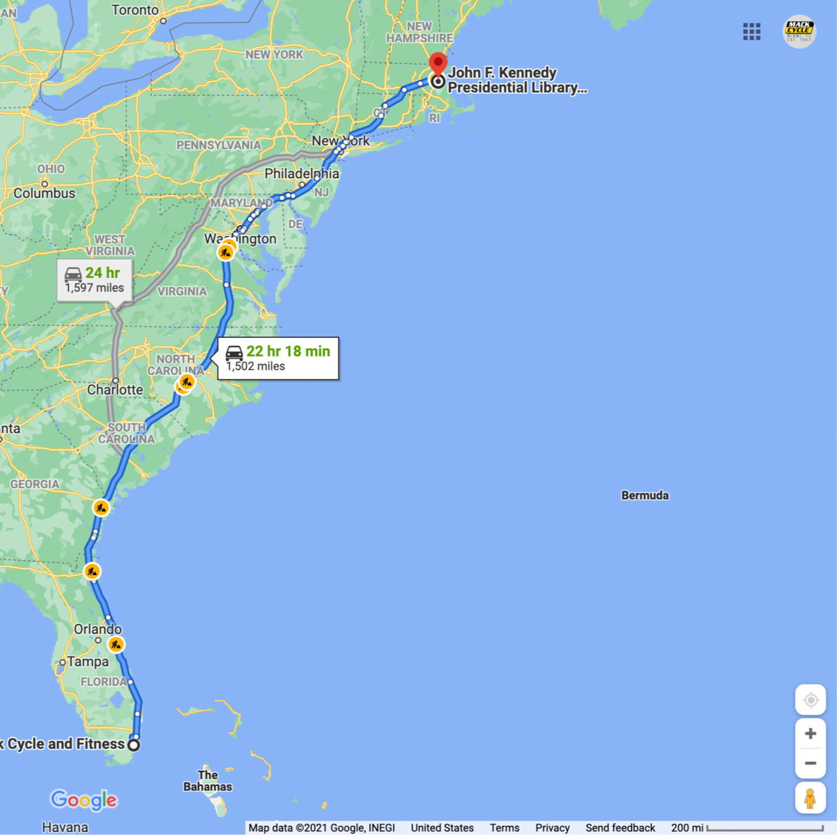 assembled bicycle transportation from miami to boston for the Best Buddies Challenge Hyannis Port for team Mack Cycle