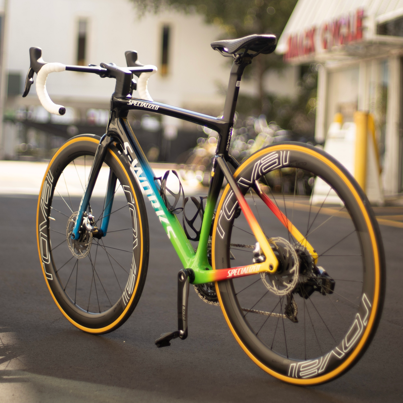 The World Championship Specialized S-Works Tarmac SL7 Number 155/200. Inspired by Julian Alaphilippe & Anna van den Breggen’s Rainbow jersey wins. The Specialized  bike is pictured outside of Mack Cycle in Miami.