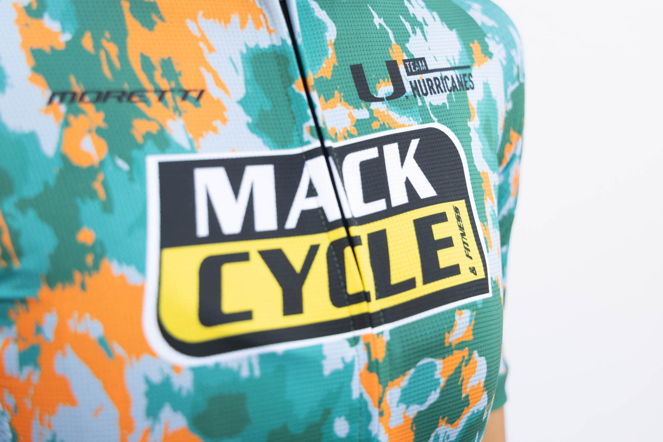 Close up photo of the Moretti Orange and Green Tie Dye jersey made for Team Hurricanes Mack Cycle. 