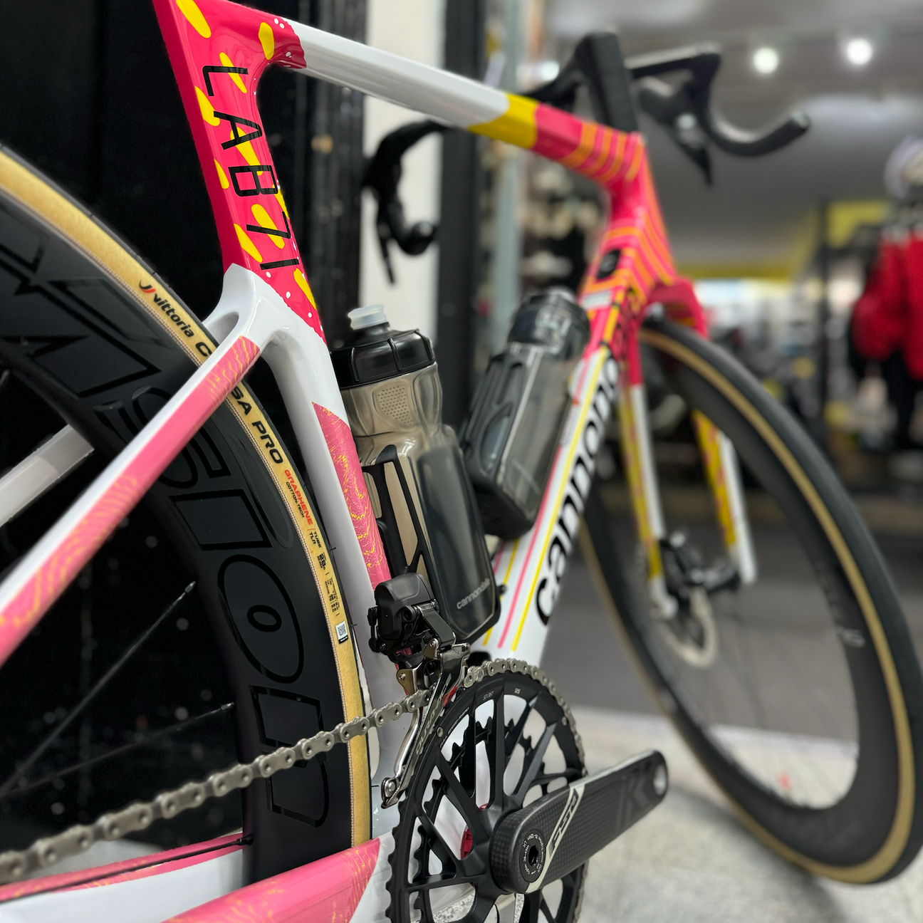 Cannondale SuperSix Evo Lab71 Team EF Replica Disc Road Bike drivetrain shot inside mack cycle in miami
