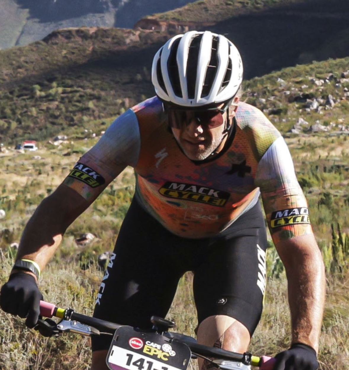 Randy Egues riding at the Cape Epic 2026 african mountain bike race while wearing assos mack cycle clothing 