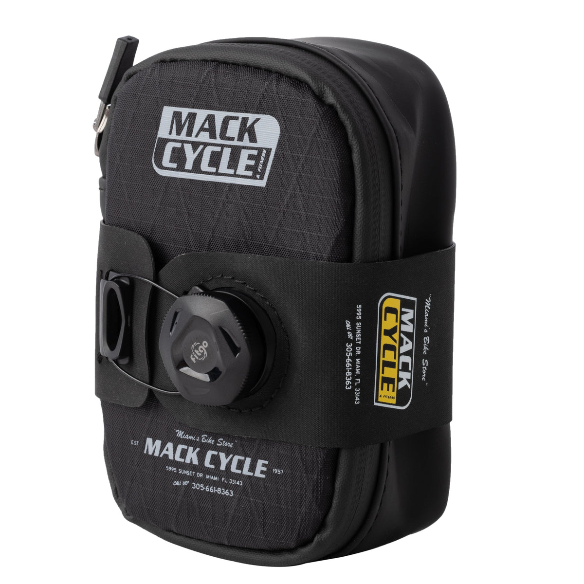 Angled front view showing full mack cycle seat bag profile with branding and dial strap system