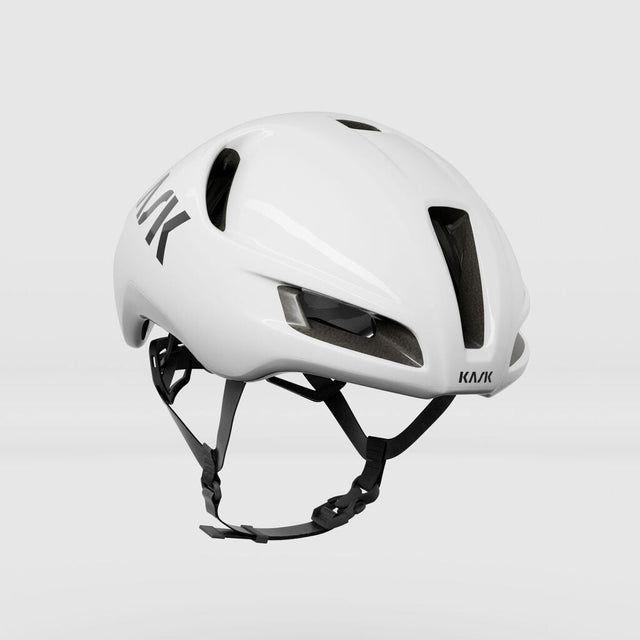 New White Kask Utopia Y Aero Triathlon helmet on a light gray backgroung
