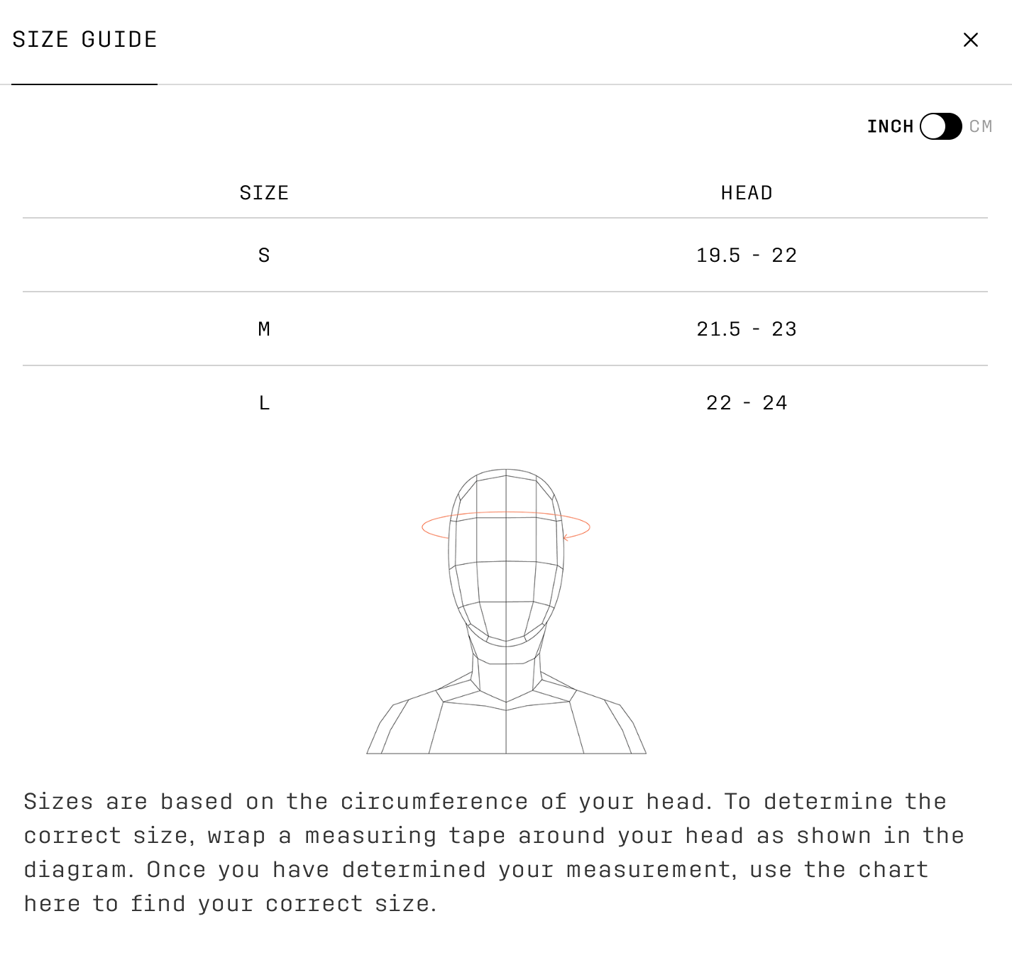Size guide for head circumference with measurements in inches for the POC procen air aero road cycling helmet