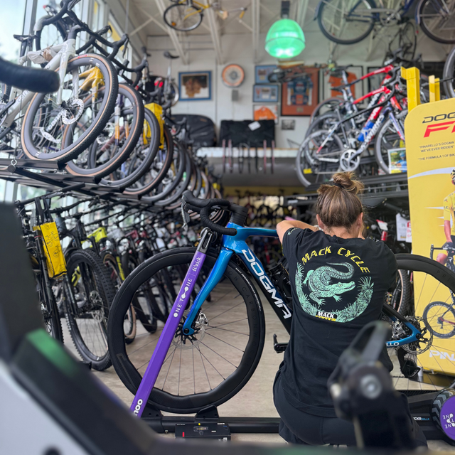 Rachel from Mack Cycle working on a new Pinarello Dogma for a bike fit client inside a bike shop with various high-end bikes and equipment aroun. she is wearing a black mack cycle gravel gator t-shirt 