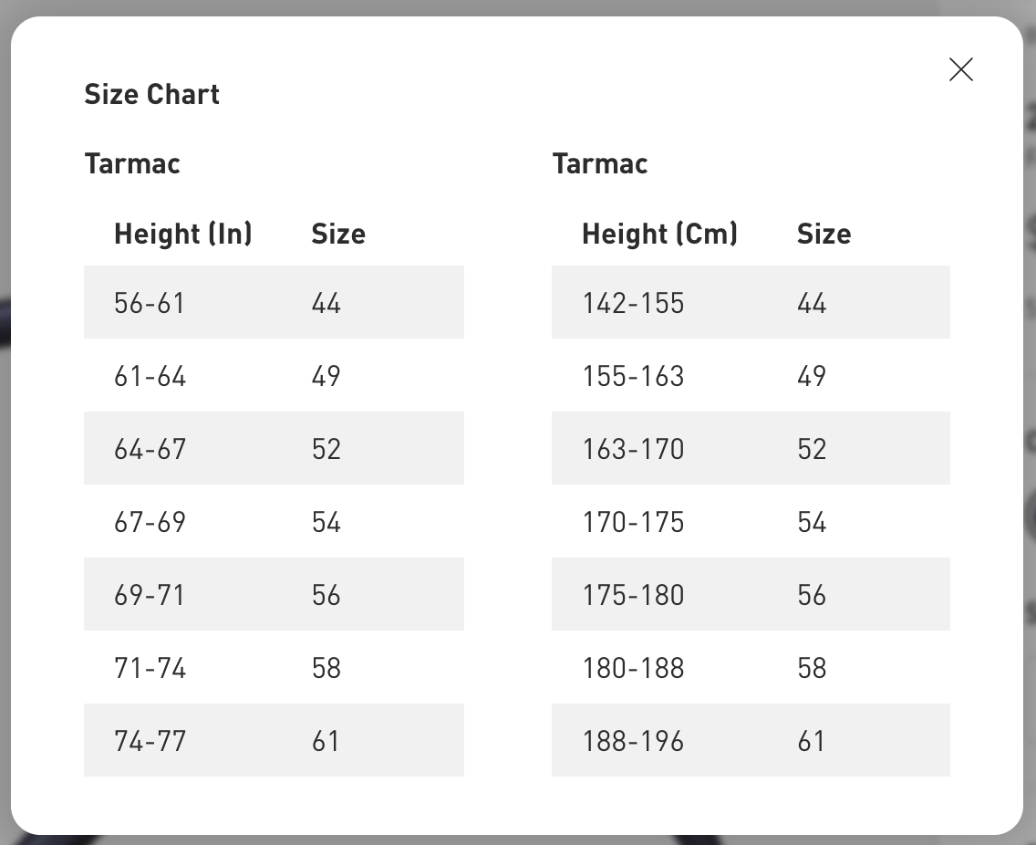 s-works tarmac sl8 frame-set height guide in inches and in centimeters